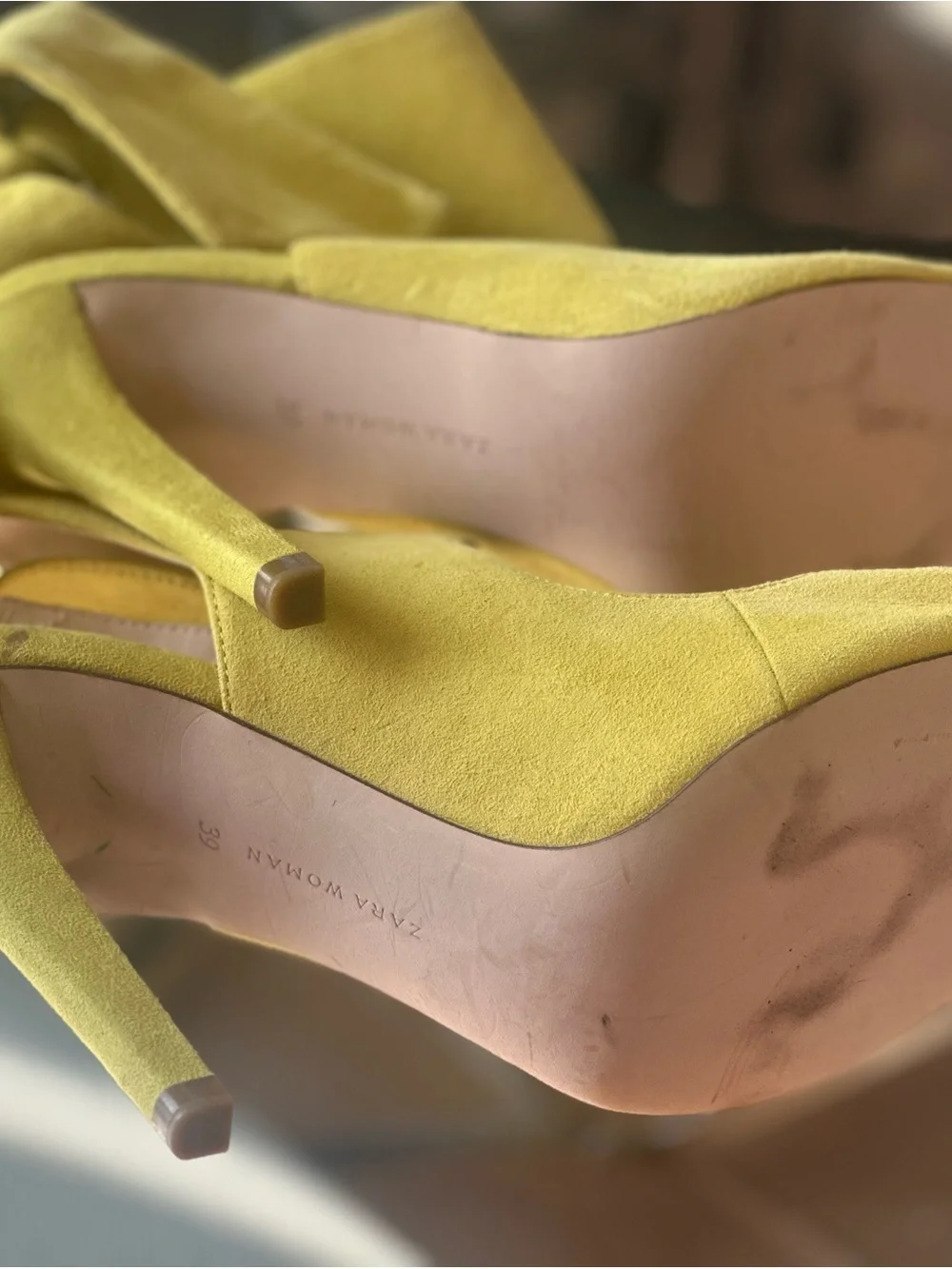 Zara Yellow Suede Tie-Ankle Open-Toe Heels